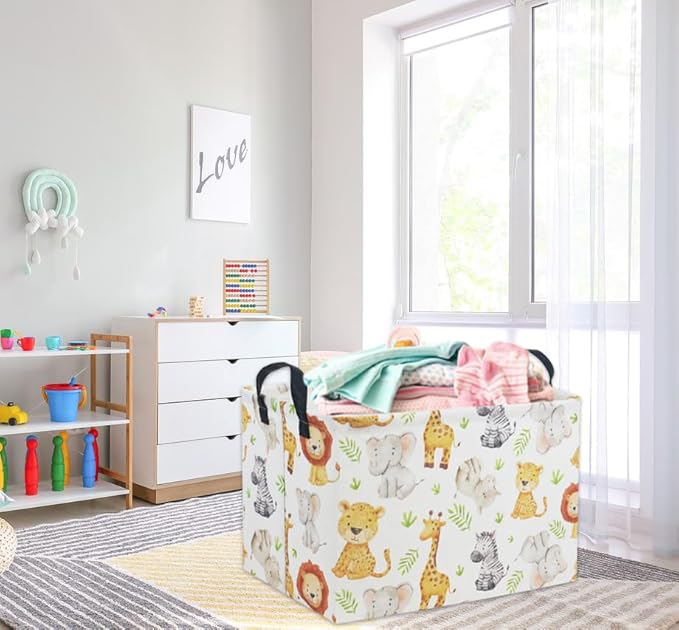 HIYAGON Rectangular Woodland Animal Basket Kids Baby Storage Basket Toy Storage Bin Organizer Box Animal Room Decor(Green Animal)