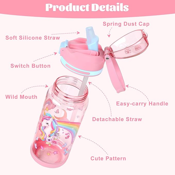 decalsweet Kids Water Bottle 20oz Durable Leak-Proof Plastic Water Cup for Kids Toddlers,With Straw Handle and Pop-Up Spout Cover,Safe for School Sports Daycare Travel & Camp