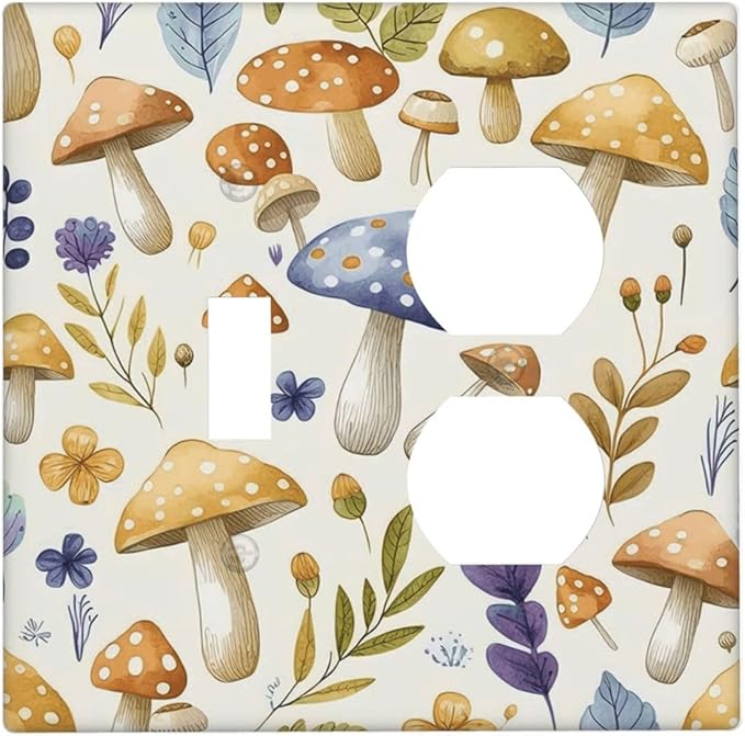 Boho Watercolor Mushroom Flowers Leaf Colorful Floral Wallplates 1 Toggle 1 Duplex Switch Plate Electrical GFCI Faceplate Decorative Light Switch Covers for Kids Room Nursery Decor