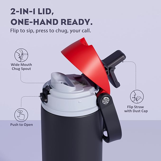 POWCAN 18 oz Stainless Steel Water Bottle: 2-in-1 Push-Button Spout & Quick-Flip Straw, Leakproof, Cold 24Hrs, Fits Car Cup Holder, Insulated Vacuum Flask for Sports, Trip, School Gift (Storm Hammer)