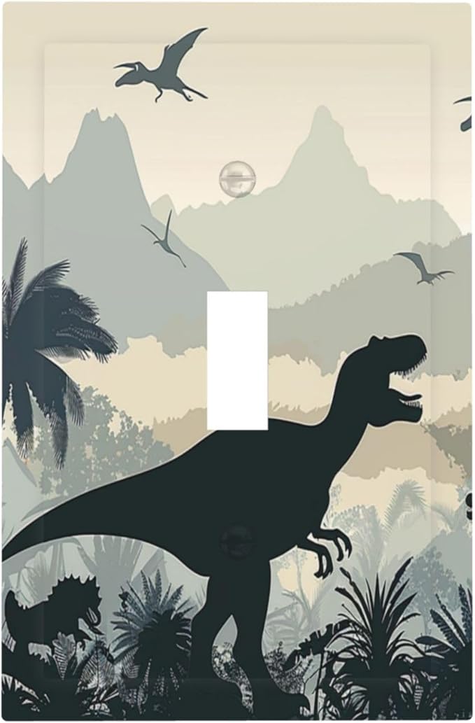Decorative Light Switch Cover Prehistoric World Dinosaur Cartoon Fores 1 Gang Single Toggle Device Electrical Faceplate Switchplates Decorator Outlet Wall Plate for Kids Room Nursery