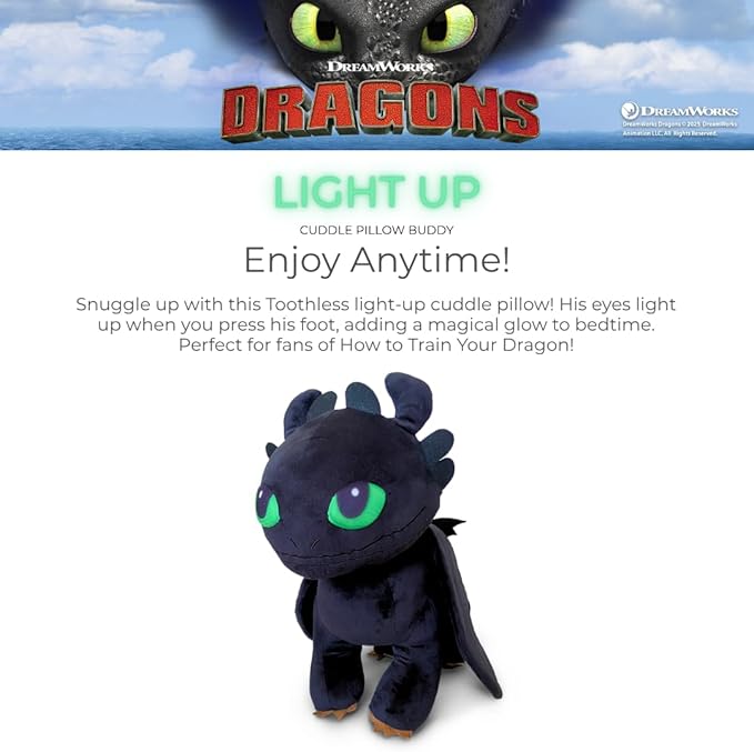 How to Train Your Dragon Toothless Super Soft Plush Cozy Cuddle Pillow Buddy with Light Up Eyes for Comfort, (Officially Licensed Product) by Franco