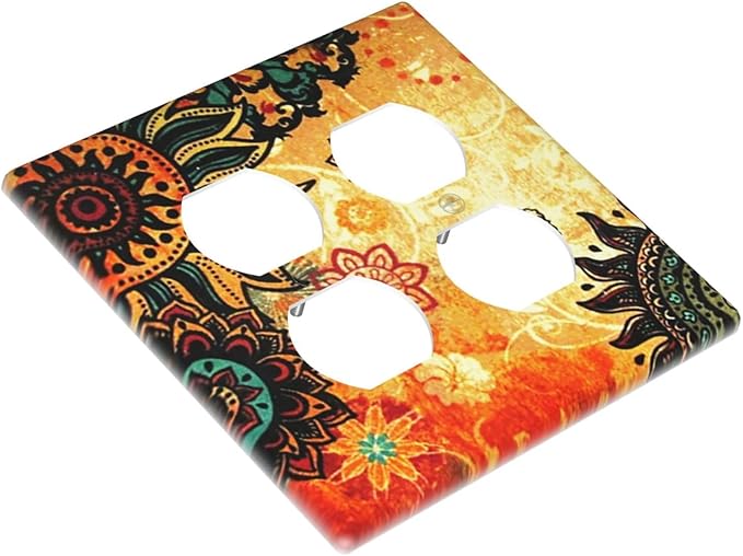 Art Red Boho Flower 2 Gang Double Duplex Combo Dual Device Outlet Cover, Burnt Orange Bohemian Flowered Mandala Floral Sunflower Two Gang Combination Receptacle Wall Plate Outlet Light Switch Covers