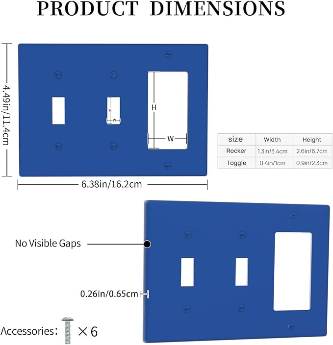 Navy Blue 3-Gang 2 Toggle 1 Rocker/GFCI Combination Light Switch Cover Decorative Solid Colored Royal Blue Triple Decorator/Toggle Combo Electrical Outlet Switch Face Plate Covers