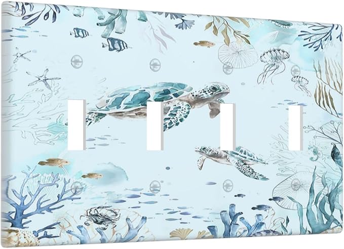 Light Switch Covers Teal Blue Ocean Sea Turtle Seabed Plants Quad Toggle 4 Gang Wall Plate Electrical Faceplate Decorative Switch Plates for Bathroom Kids room Decor