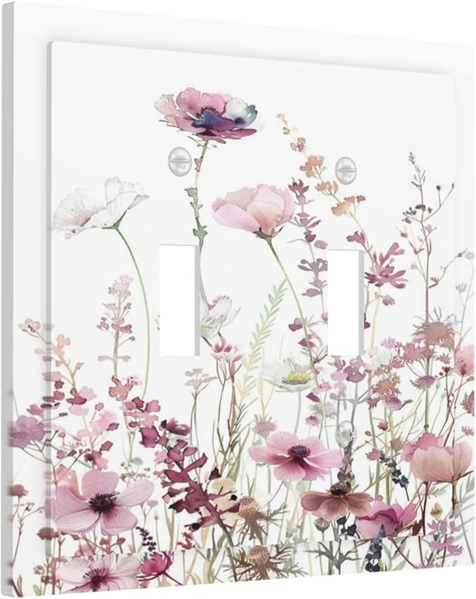 Floral Pink Watercolor Wildflowers Plant Flower Decorative Switch Plates 2 Gang Double Toggle Outlet Light Switch Cover Wall Plate Electrical Faceplate for Bedroom Living Room Decor