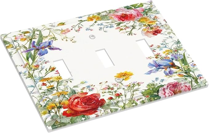 Decorative Light Switch Cover Plate Rustic Red Flower Garden Floral 3 Gang Wall Plates for Electrical Outlets Triple Toggle Switch Plate Covers Outlet Covers Faceplate for Country Home Decor
