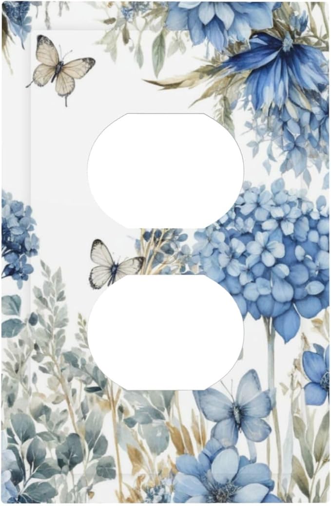 Decorative Outlet Covers Boho Blue Flowers Rustic Beige Butterfly Leaves 1 Gang Wall Plate Receptacle Duplex Light Switch Cover Plate Single Dual Plug Covers Electrical Switchplate