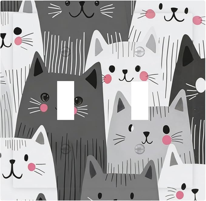 Playful Monochrome Cats with Blush Cheeks Double Toggle Switch Cover - 2-Gang Standard US Size Funny Cat Light Switch Covers for Boys & Girls Bedroom Decor