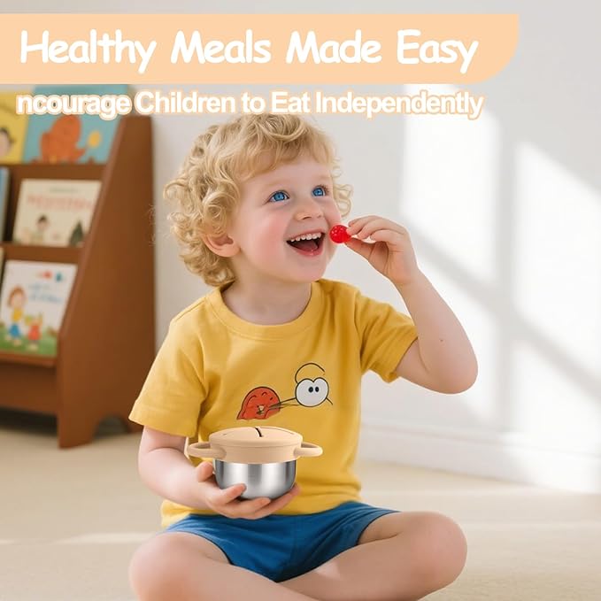 Mity rain Stainless Steel Snack Containers for Toddlers with Spill-Proof Silicone Lids Handles - 3-in-1 Baby Snack Cups, No-Spill Toddler Snack Box (Yellow+Red, Two piece set)