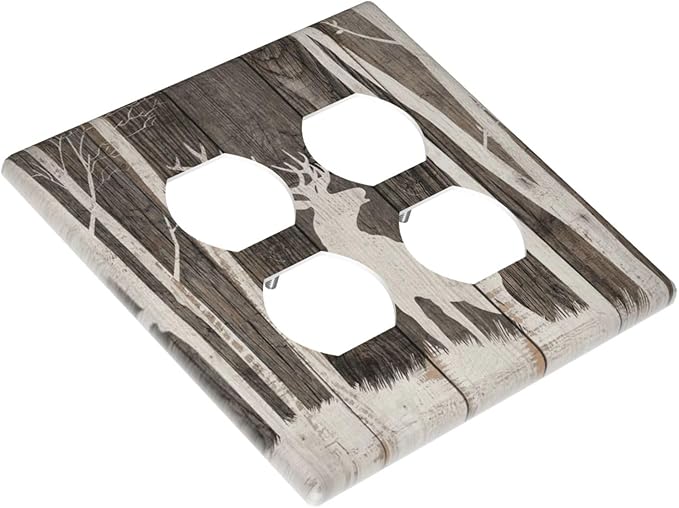 Vintage Wood Forest Deer Wildlife Animal Silhouette Outlet Covers 2 Gang Double Duplex Decorative Light Switch Covers Electrical Wallplates Socket Faceplate for Farmhouse Home Decor
