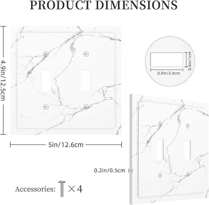 Luxurious White Marble Abstract Print Decorative Switch Plates 2 Gang Double Toggle Outlet Light Switch Cover Wall Plate Electrical Faceplate for Bathroom Kitchen Bedroom Decor