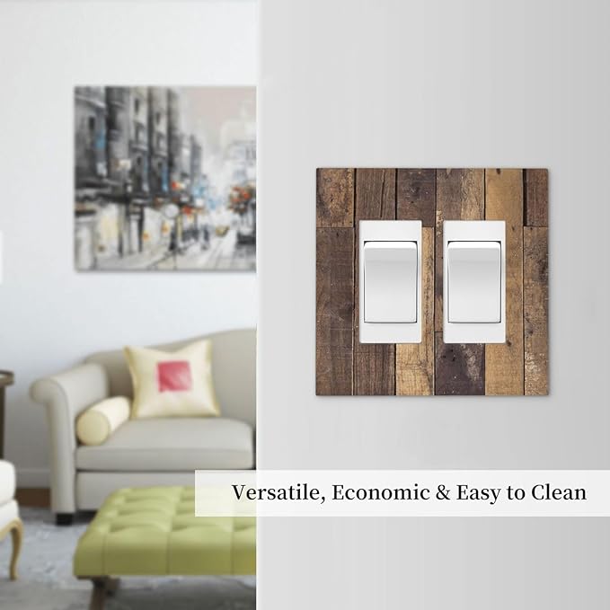 Cool Brown Wood Style Vintage Rustic Print Decorative Outlet Covers 2 Gang Double GFCI Rocker Electrical Wall Panels Light Switch Cover Plate for Farmhouse Home Decor