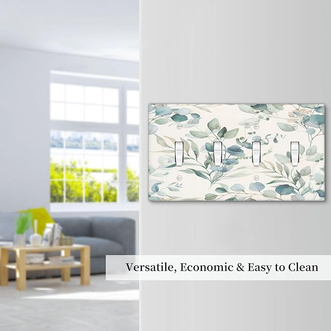 Boho Green White Eucalyptus Leaf Floral Light Switch Covers Quad Toggle Electrical Faceplate 4 Gang Wall Plate Decorative Switch Plates Cover for Farmhouse Living Room Decor