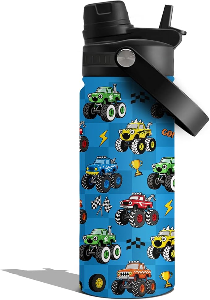 Insulated Water Bottle 18oz, Trucks Gifts Water Bottle with 2-in-1 Straw and Spout Lid, Blue Trucks Drinking Cup Leakproof, Truck Travel Mug for Truck Lover, Birthday Gift Ideal for Boys