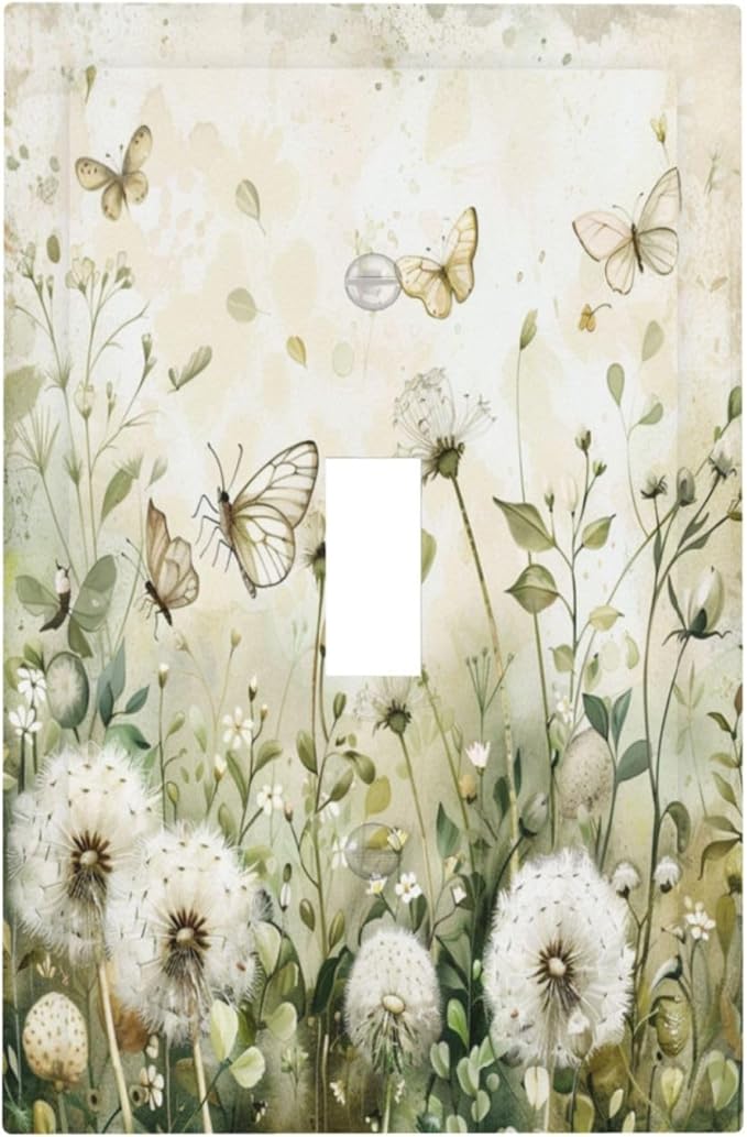 Light Switch Cover Plate Watercolor Butterflies Dandelions Wildflowers 1 Gang Single Toggle Decorative Switch Plates Wall Plates Electrical Faceplate for Bathroom Bedroom Decor