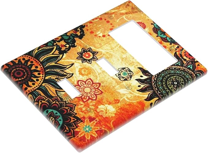 Red Orange Boho Bohemian Flower Floral 3-Gang 2-Toggle 1-GFCI/Decorator Combination Light Switch Decorative Triple Combo Device Switches/Rocker Outlet Covers and Wall Plate