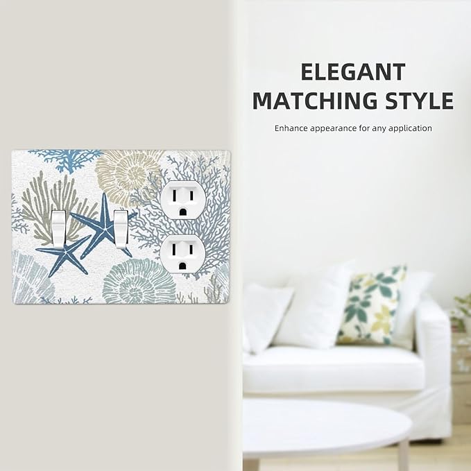 Teal Blue Nautical Beach Coral Starfish Theme Decorative 3-Gang Combination 2 Toggle 1 Duplex Wall Plate Receptacle Outlet Cover Conch Seashell Ocean Combo Device Light Switch Faceplate Cover