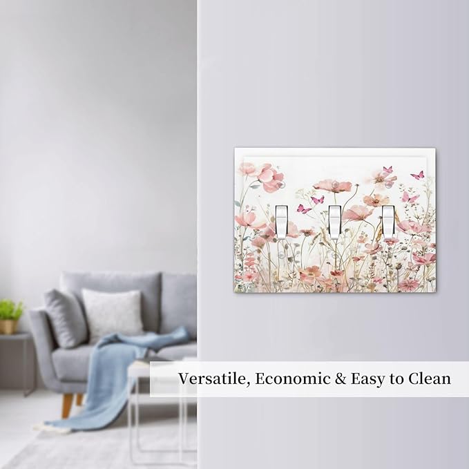 Boho Floral Watercolor Pink Wildflower Butterfly Decorative Switch Plates 3 Gang Wall Plate Triple Toggle Light Switch Cover Faceplate Electrical Wall Panels for Bedroom Living Room Decor