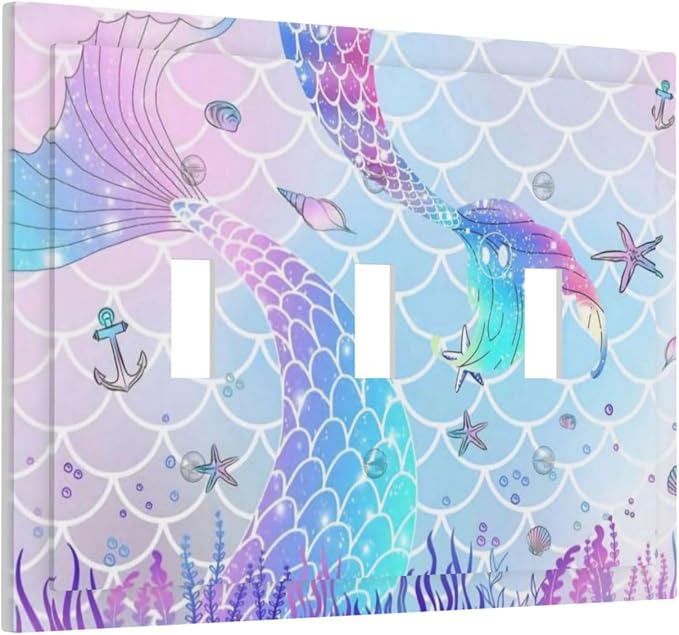 Cute Cartoon Pink Blue Coral Mermaid Scales 3 Gang Outlet Light Switch Cover Face Plate, Purple Marine Anchor Starfish Seashell Mermaid Tail Triple Toggle Switch Wallplate for Girl Kids Bedroom Decor