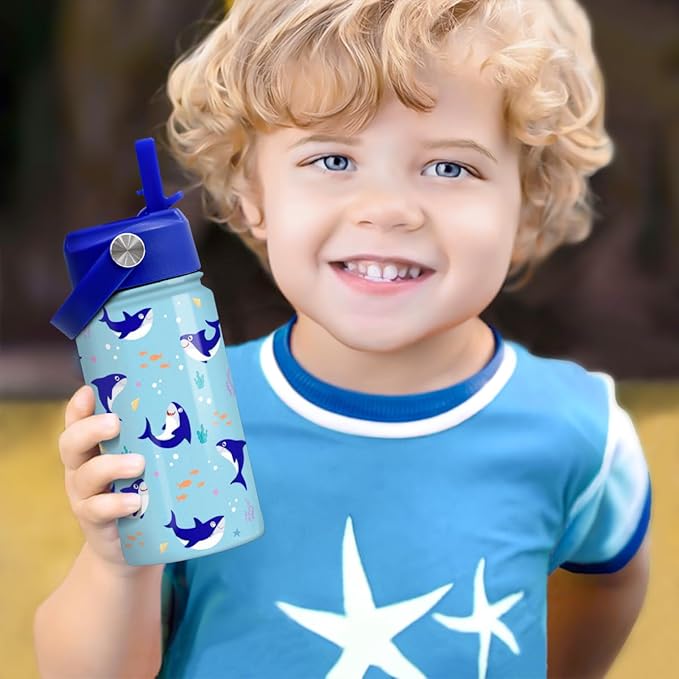 SANDJEST Shark Water Bottle - Kids Water Bottle with Straw Lid - 12 Oz Insulated Stainless Steel Water Bottles for Kid Boy - Travel Cup for School Sports