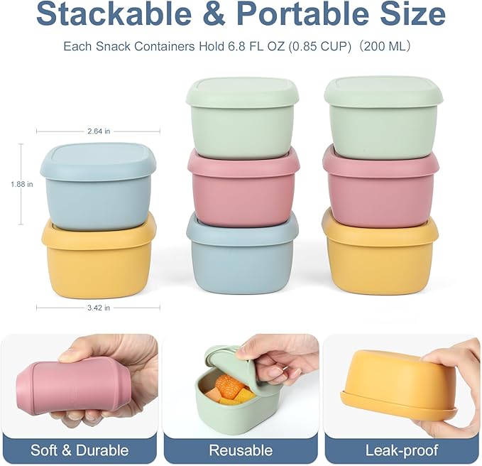 8 pcs 7 oz Silicone Snack Containers for Kids Small Food Containers with Lids, Fruit Container for Lunch, Stackable Lunch Container for Kids, Daycare, School and Travel