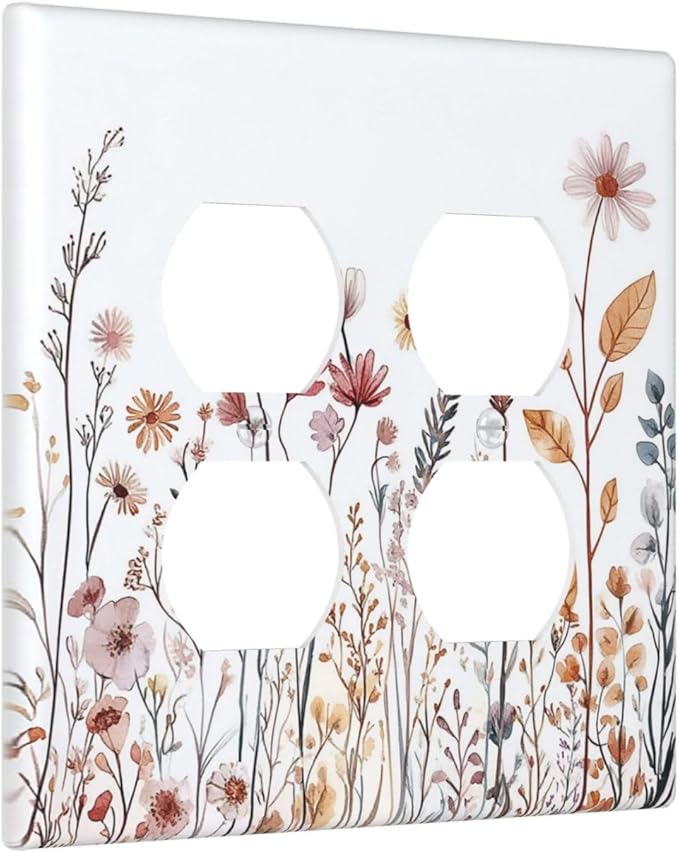 Outlet Covers Spring Floral Pink Wildflower Leaves Plants 2 Gang Double Duplex Decorative Light Switch Covers Electrical Wallplates Socket Faceplate For Home Bed Room Decor