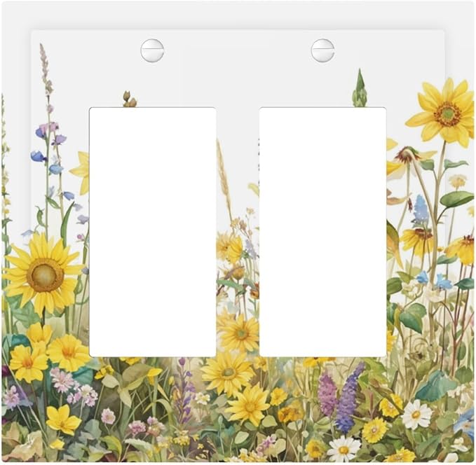 Wildflowers Sunflower Lavender Daisy Floral Decorative Outlet Covers 2 Gang Double GFCI Rocker Electrical Wall Panels Light Switch Cover Plate for Bedroom Living Room Decor