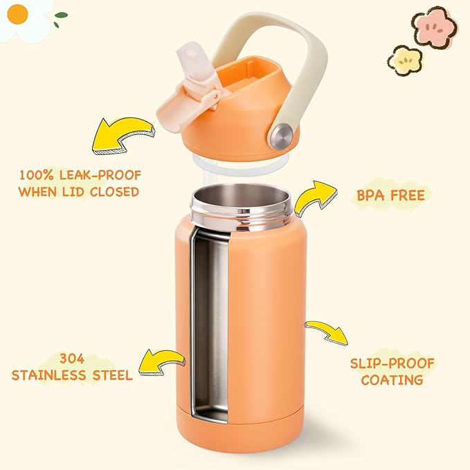 Kerilyn 12oz Water Bottle, Stainless Steel Insulated Water Bottle with Straws Leak-Proof, Water Cup Double Wall Vacuum, BPA Free, Vibrant Orange