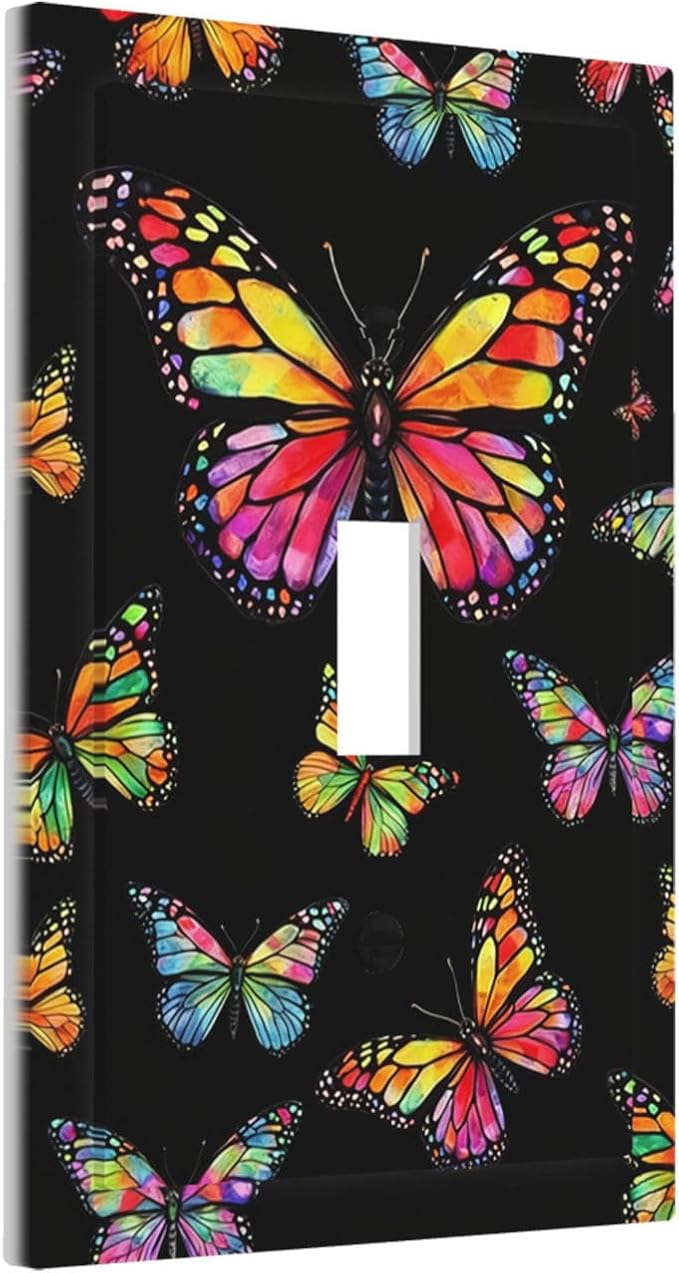 Colorful Butterflies Black 1-Gang Toggle Light Switch Plate, Enchanted Garden Butterfly Decorative Wall Plate for Bedroom Decor