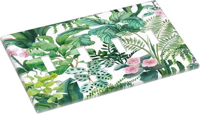 Tropical Palm Leaves Green Jungle Botanical Floral Flowers Light Switch Covers Quad Toggle Electrical Faceplate 4 Gang Wall Plate Decorative Switch Plates for Bedroom Living Room Decor