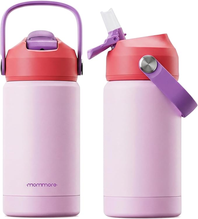 Mommore Kids Water Bottle 12 oz, Insulated Stainless Steel Water Bottle with Straw, Leakproof & BPA-Free, Vacuum Insulated Travel Water Bottle for School, Outdoor Light pink-1 Pc