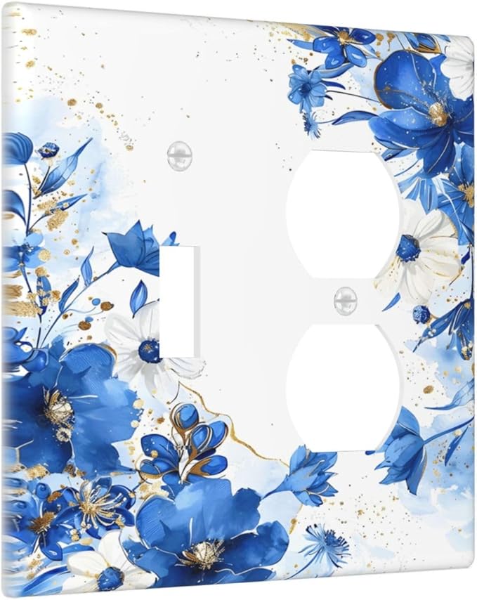 Klein Blue Flowers Watercolor Golden White Floral Wallplates 1 Toggle 1 Duplex Switch Plate Electrical GFCI Faceplate Decorative Light Switch Covers for Bedroom Living Room Decor