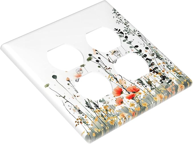 Vintage Country Style Watercolor Leaves Wildflowers Floral Outlet Covers 2 Gang Double Duplex Decorative Light Switch Covers Electrical Wallplates Socket Faceplate for Bedroom Living Room Decor