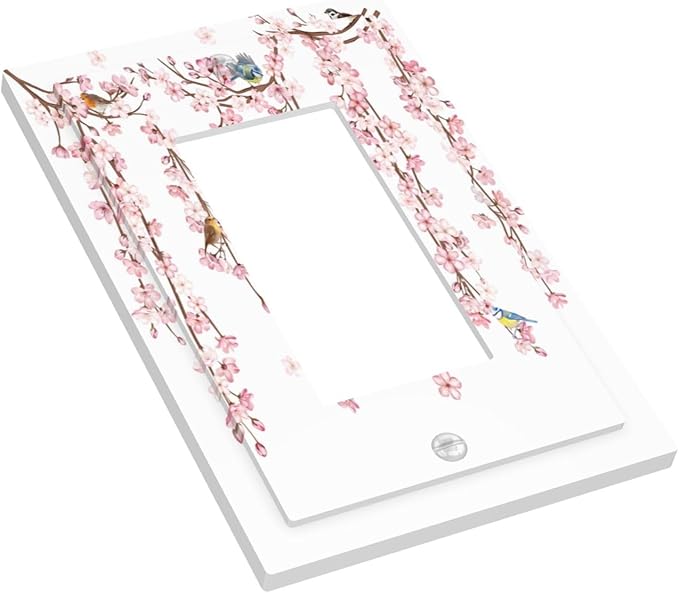 Pink Cherry Blossom Flower Vine Floral Tree Branch Birds Decorative Outlet Covers 1 Gang Single Rocker Light Switch Cover Plate Wall Plates GFCI Faceplate for Bedroom Living Room Decor