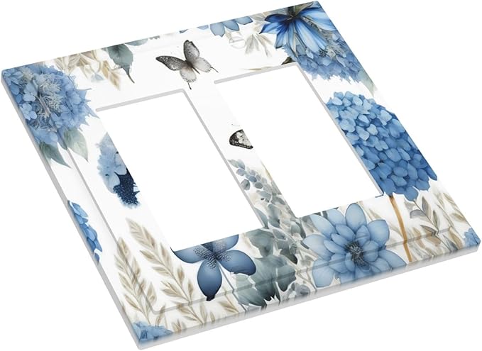Blue Floral Hydrangea Floral Butterfly Flower Plant Decorative Outlet Covers 2 Gang Double GFCI Rocker Electrical Wall Panels Light Switch Cover Plate for Bedroom Living Room Decor