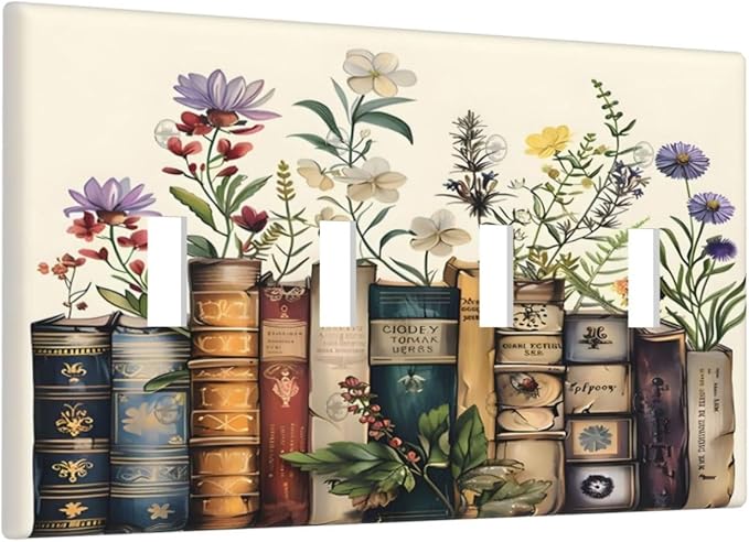 Plant Floral Books Colorful Flower Light Switch Covers Quad Toggle Electrical Faceplate 4 Gang Wall Plate Decorative Switch Plates Cover for Kids Room Bedroom Decor