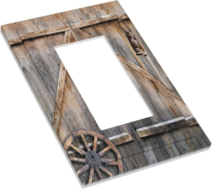 1 Gang Single GFCI/Decorator Rocker Outlet Light Switch Wall Plate Cover Retro Rustic Barn Door Wooden Vintage Farmhouse Wooden Country Garage Cabin Decorative One Device Electrical Faceplate Dimmer