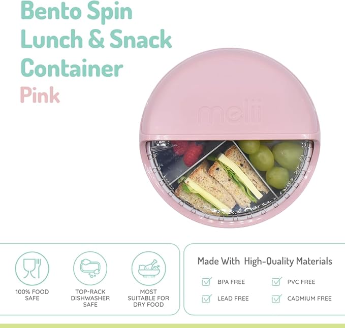 melii Bento Spin Lunch & Snack Container, Food Storage for Kids, BPA-Free, Dishwasher Safe – 4 Compartments, Pink