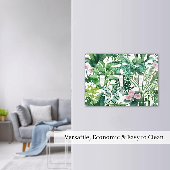 Tropical Palm Leaves Green Jungle Botanical Floral Flowers Decorative Switch Plates 3 Gang Wall Plate Triple Toggle Light Switch Cover Faceplate Electrical Wall Panels for Bedroom Living Room Decor