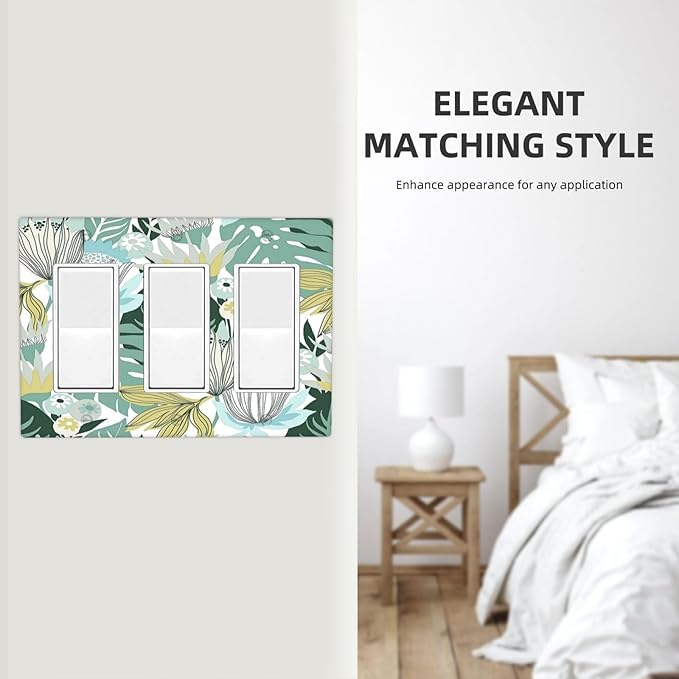 Retro Tropical Leaves 3 Gang Wall Plate Triple Rocker Light Switch Cover Decorative Switch Plates Outlet Covers Electrical GFCI Faceplate for Bedroom Bathroom Kitchen Art Decor Accessories