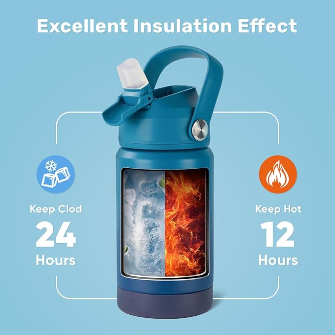 Fijinhom 12 oz Water Bottle, Kids Water Bottles for School, Toddler Water Bottle with Straw & Handle, 304 Stainless Steel Insulated Water Bottle, Non-slip Silicone Base, BPA Free, Gradient Blue