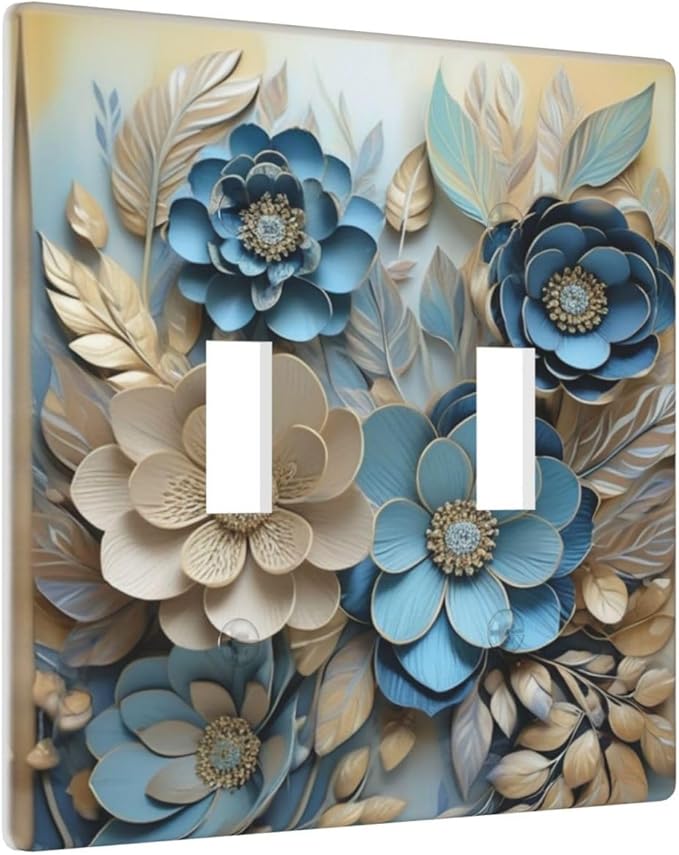 Decorative Art Light Switch Covers Blue and Creamy Floral 2 Gang Double Toggle Wall Plate Decorative Switchcover Electrical Switchplate for Home Decor
