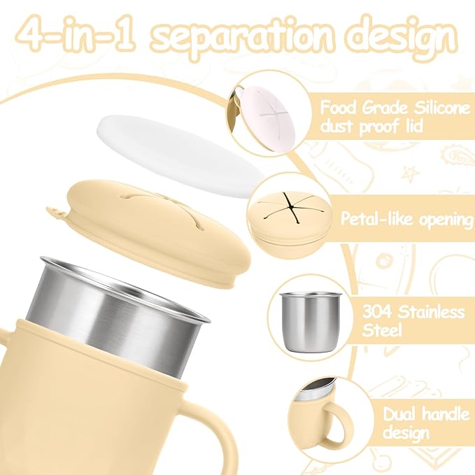 Toddler Snack Containers Stainless Steel Spill-Proof Snack Containers for Toddlers with Spill-Proof Silicone Lids and Handles 4-in-1 Baby Snack Cup is Dishwasher Safe for Easy use On The Go（Yellow）