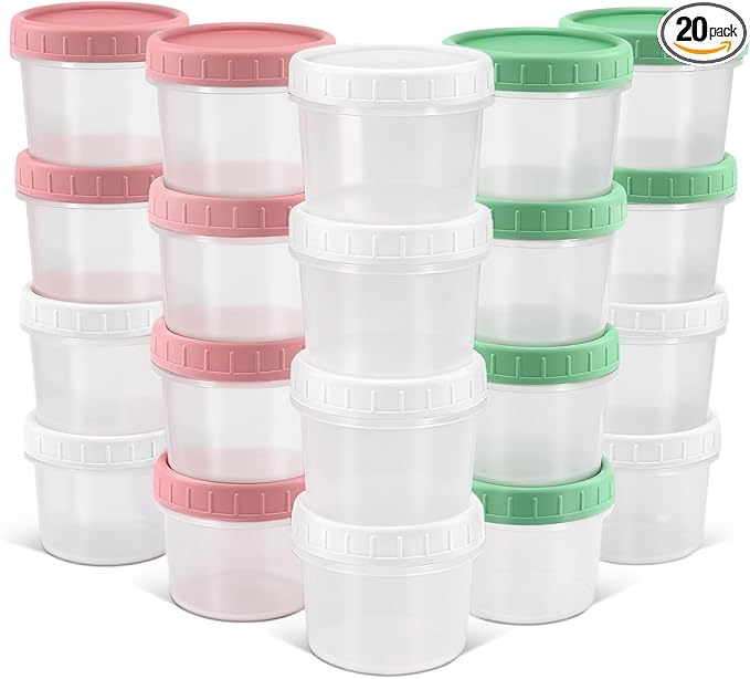 DEMORA 5 oz Small Plastic Containers with Twist on Lids [20 Sets], Stackable Little Food Storage Containers for Snack Lunch Meal Prep Salad Dressings, Freezer/Microwave/Dishwasher Safe, BPA Free