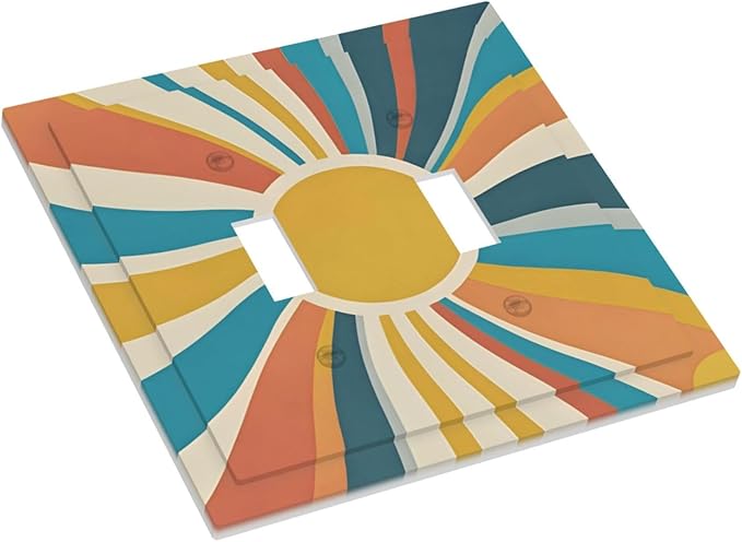 Decorative Switch Plate Cover with Retro Mid-Century Modern Sunburst Motif Design 2 Gang Wall Plate Unique Double Toggle Double Light Switch Covers for Abstract Teal/Yellow/Orange Wall Decor