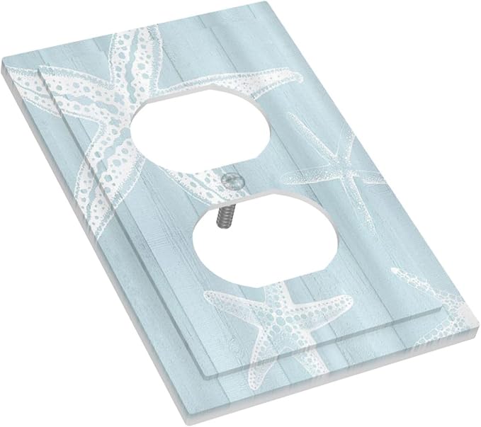 Outlet Covers Blue Wooden Plank Starfish Ocean Vintage 1 Gang Duplex Light Switch Cover Plate Decorative Wall Plates Electrical Switchplate Receptacle for Bathroom Bedroom Decor（2 Pack）