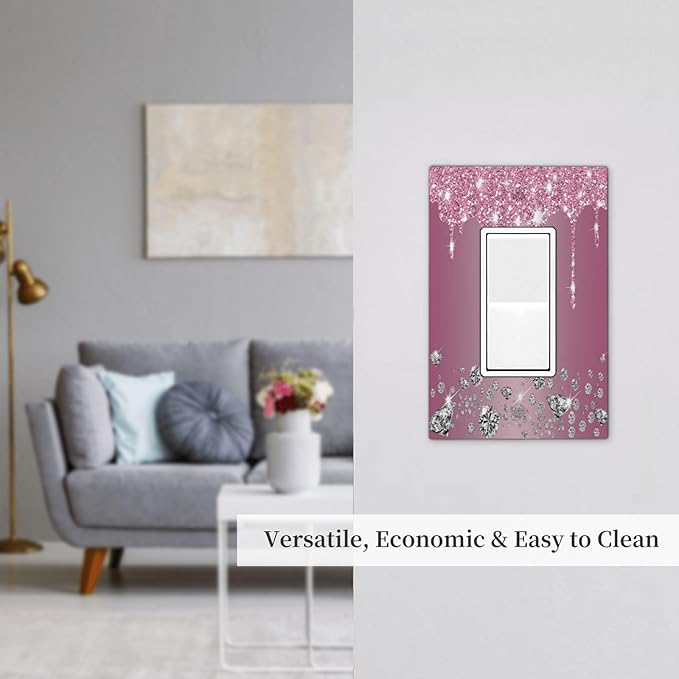 Sparkling Diamonds Pink Silver Glitter Drops Print 1 Gang Rocker Light Switch Covers Decorative Unique Single Decora Outlet Wall Plate Faceplate Switchplate GFCI for Bedroom Bathroom Decor