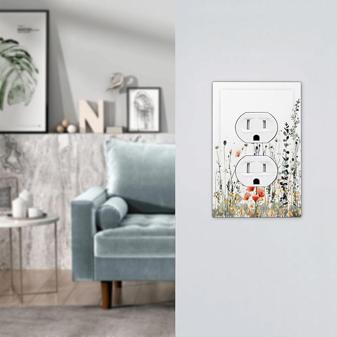 Vintage Country Style Watercolor Leaves Wildflowers Floral Outlet Covers 1 Gang Duplex Light Switch Cover Decorative Switch Plates Electrical Receptacle Faceplate Wall Plate for Bedroom Living Room