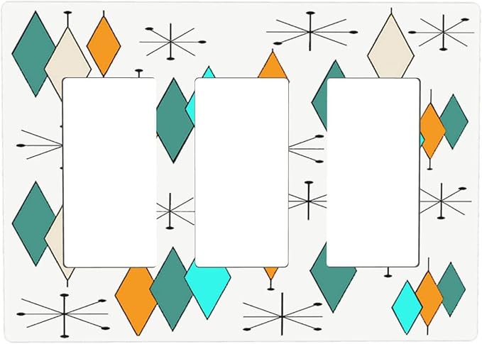 Teal/Green/Aqua/Blue/Orange Geometric Triple Decorator Light Switch Cover 3-Gang 60S Boho Atomic Diamond Decorative GFCI/Rocker Device Switch Wallplate Faceplate Cover for Dimmer Screwless, USB Outlet